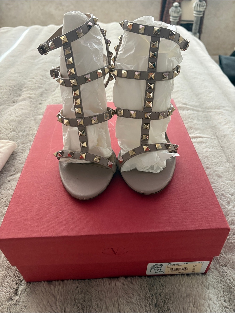 Valentino Taupe Rockstud Strappy Cage Heels